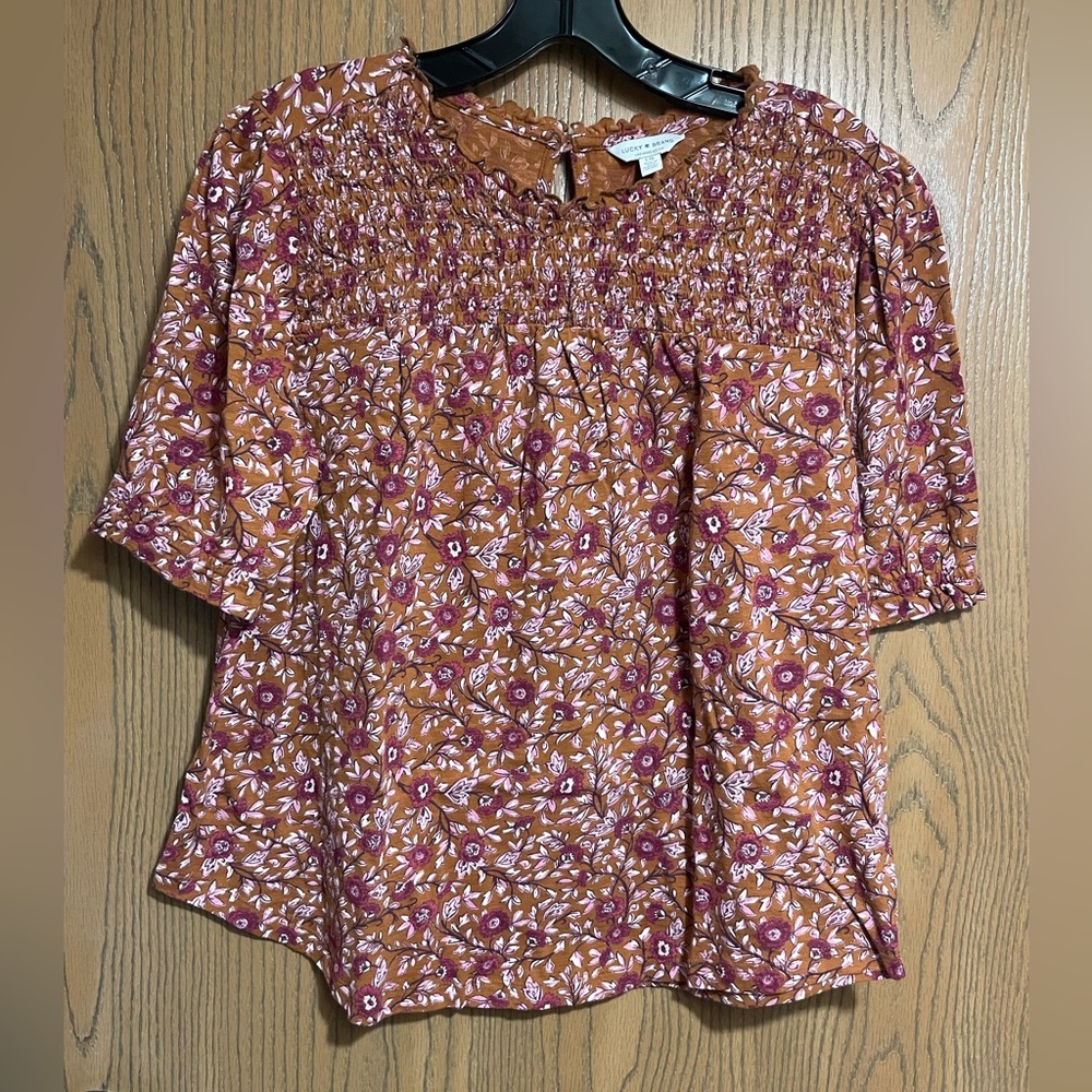 Lucky Brand Floral Blouse with Smocking in Orange and Pink
